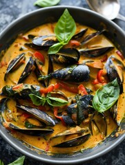 Mussels served in tomato and basil sauce - Aromatic mussels in a flavorful sauce with basil make for a tempting and vibrant seafood dish