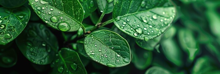 Fresh green leaves with water droplets - Close-up of fresh leaves with crisp water droplets, vividly showcasing the concept of natural purity and the beauty of nature's detail - obrazy, fototapety, plakaty
