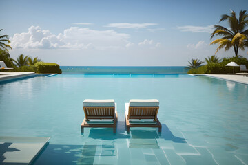 Two lounge chairs gently float in a serene pool of crystal-clear water design.