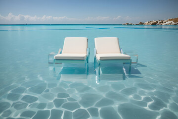 Fototapeta premium Two lounge chairs gently float in a serene pool of crystal-clear water design.