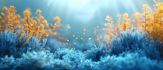 Golden Blooms in Blue Depths. Concept Floral Photography, Underwater Photoshoot, Nature Inspired Shoot, Golden Blooms, Aquatic Setting - obrazy, fototapety, plakaty
