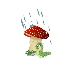 Vector illustration of a cartoon worm hiding from the rain under a mushroom