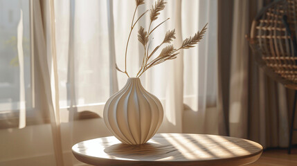 Detail shot of a sculptural vase on a side table, modern interior design, scandinavian style hyperrealistic photography