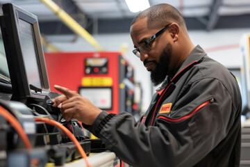 Technician Diagnosing Car with Specialized Equipment