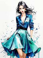 Watercolor elegant girl fashion illustration in blue colors, fashion girl. Young woman illustration for web, poster, print, fashion concept. 