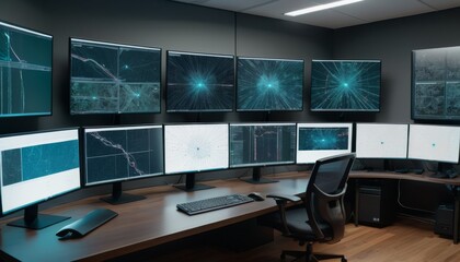An empty security operations center with an array of screens showcasing various digital surveillance feeds.