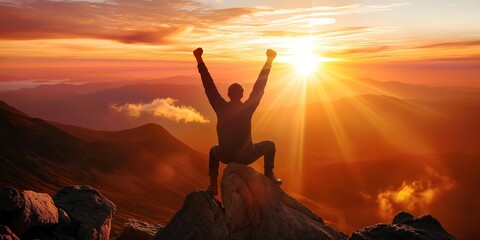 Positive man celebrating on mountain top, with arms raised up,