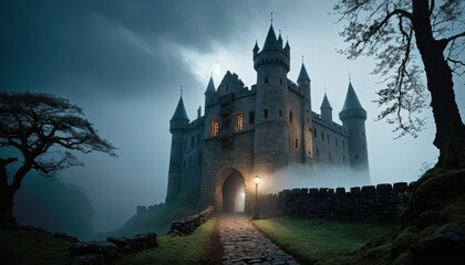 Obraz premium A majestic medieval castle emerges from the mist, its turrets and spires silhouetted against a brooding dawn sky, with an illuminated path leading to its arched gateway.. AI Generation