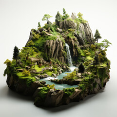 Discover a stunning miniature island with forests, mountains, wildlife, and flowing waterfalls, set against a stark white backdrop. Perfect for creative projects