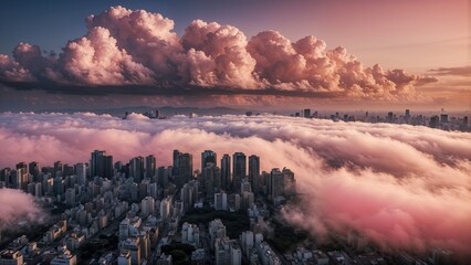 Cityscape with pink clouds