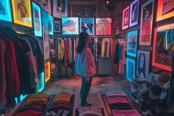 Woman surrounded by vibrant multimedia art in an urban gallery, captivated by the creative ambiance
