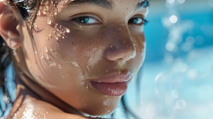 Refreshing Summer Poolside Woman Portrait with Water Droplets on Skin