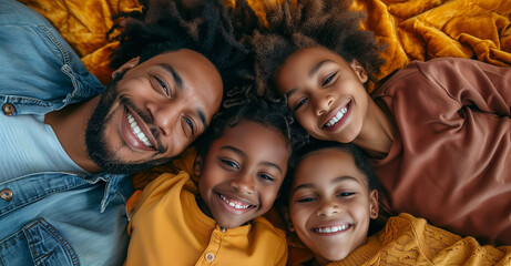 Overhead portrait of an African American family, lying in bed facing upwards smiling. A happy father with his children taking a selfie together. Image of family unity. - Powered by Adobe