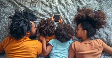A portrait of a black family lying face down in bed enjoying a happy moment together. Parents enjoy their children while the children play with a mobile phone. Family unity and relaxing time.