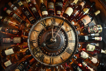 Time Concept with Clock and Wine Bottles