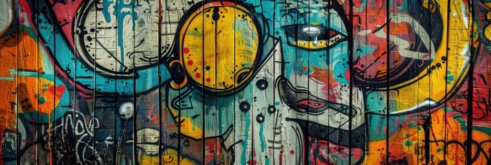 Obraz na płótnie Canvas Vibrant graffiti on a weathered urban wall - This image captures a colorful graffiti mural on an aged wall, showcasing urban street art and creativity in a metropolitan setting