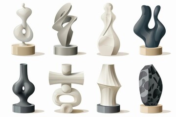 Colorful abstract sculptures set illustration. A vibrant collection of various abstract sculptures, presented with a lively color palette and dynamic shapes capturing attention