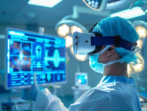 High-definition 16K stock photo, VR headset worn by a surgeon, displaying detailed patient data in blue and white holographic projections