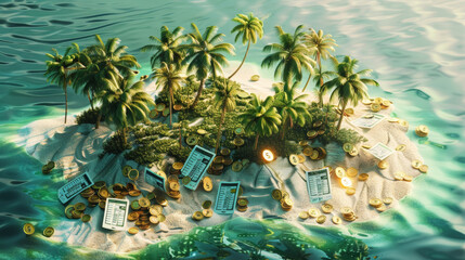 Tropical Tax Haven Island Concept with Coins and Documents - obrazy, fototapety, plakaty