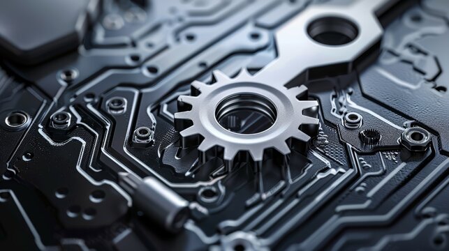 Silver gear and wrench on a circuit board with water droplets.