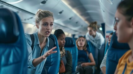 Concerned passenger talking to flight attendant on airplane. In-flight problem and customer service...