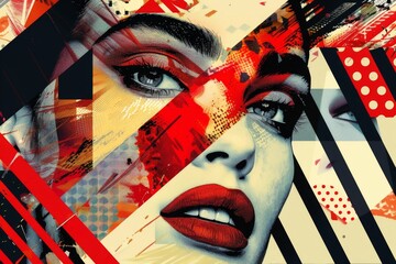 Captivating abstract pop art portrait of a young woman with striking graphic elements