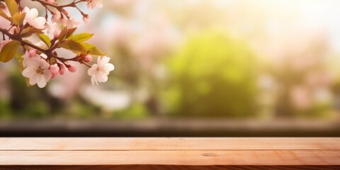 Empty wooden tabletop and spring blurred blossom flowers as background. Image for display your product.