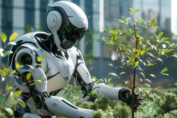 Futuristic Robot in Lush Urban Garden Setting
