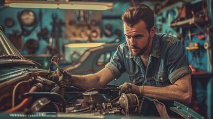 Serious male mechanic inspecting vehicle engine in a mechanic shop. Car repair and mechanical expertise concept