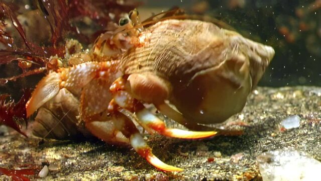 Crayfish cancer hermit behavior in underwater seafloor fauna of White Sea. Cherishing clear water as its home, crayfish cancer hermit symbolizes enchanting allure of aquatic realm.