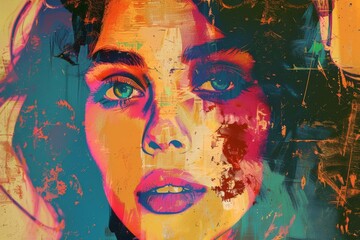 Vibrant abstract pop art digital portrait of a captivating young woman with expressive eyes