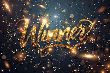 Winner confetti background. Winner glitter gold letters. 