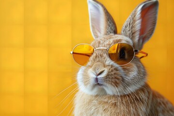 Adorable funny bunny with sunglasses on a colored background. Generative Ai