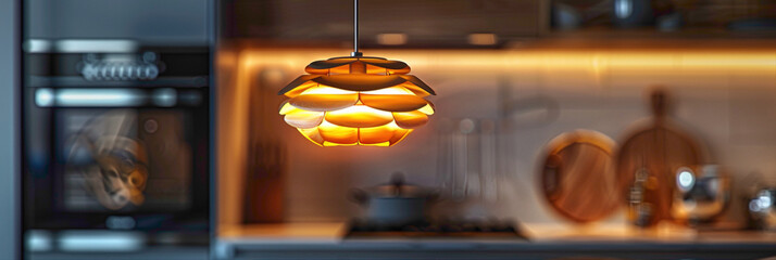 Detail shot of a statement pendant light fixture in a kitchen, hyperrealistic photography of modern interior design - obrazy, fototapety, plakaty