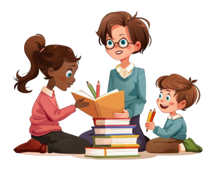 Teacher in classroom with children reading a book