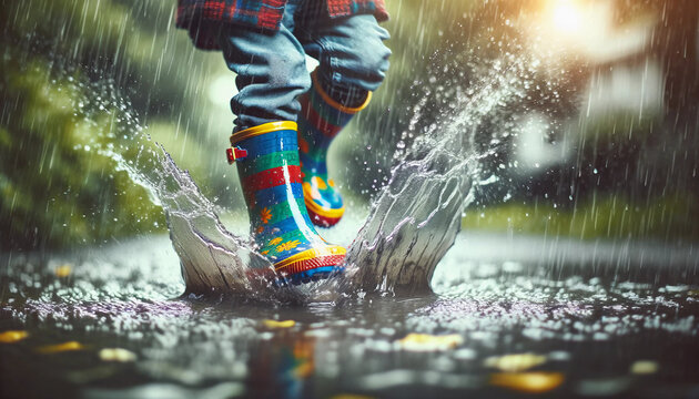 A close-up image of a child wearing colorful rain boots, capturing the moment they land in a puddle, causing water to splash upwards