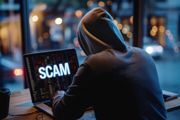 Hooded figure engages in cyber scam operations during twilight hours - obrazy, fototapety, plakaty