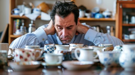 Frustrated man surrounded by an array of coffee cups. Overwhelm and stress concept.