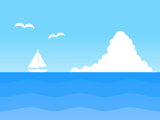 グラデーション空と海とヨットとカモメと入道雲背景A：青白