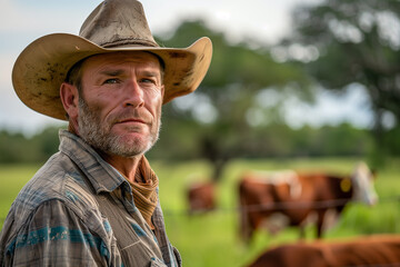 Fototapeta premium Cowboy Hat Man Walking Among Cows