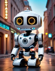A small endearing robot with bright eyes wanders curiously on an empty city street at dusk, casting a warm glow against the twilight sky.. AI Generation