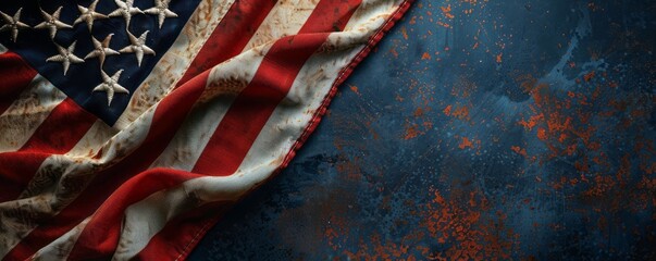 Aged American flag on textured dark blue background. Patriotic concept.