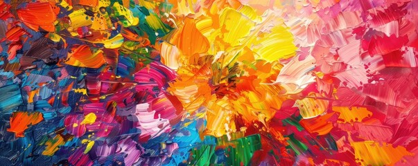 Abstract colorful oil paint on super wide canvas.