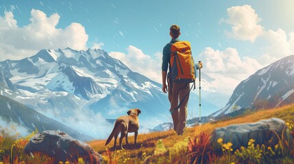 A mountain climber carries a bag and walks his beloved dog to look at the beautiful mountain peak - obrazy, fototapety, plakaty