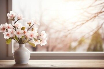 Wooden table top with spring flowers in vase and blurred window. Spring background for design your products.