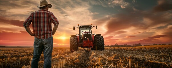 Farmer standing in harvested field with tractor at sunset. Rural agriculture scene with dramatic sky. - obrazy, fototapety, plakaty