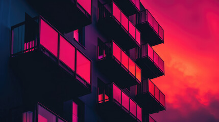 Building with balconies under a pink afterglow sky