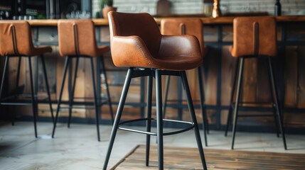 Bar stool with metal frame and soft eco-leather upholstery - obrazy, fototapety, plakaty