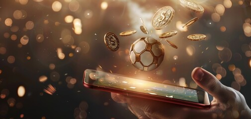 a mobile holding a tablet holding player soccer money, gold and red theme, style casino