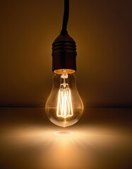 A single light bulb emits a warm glow against a dark backdrop, symbolizing ideas and innovation.